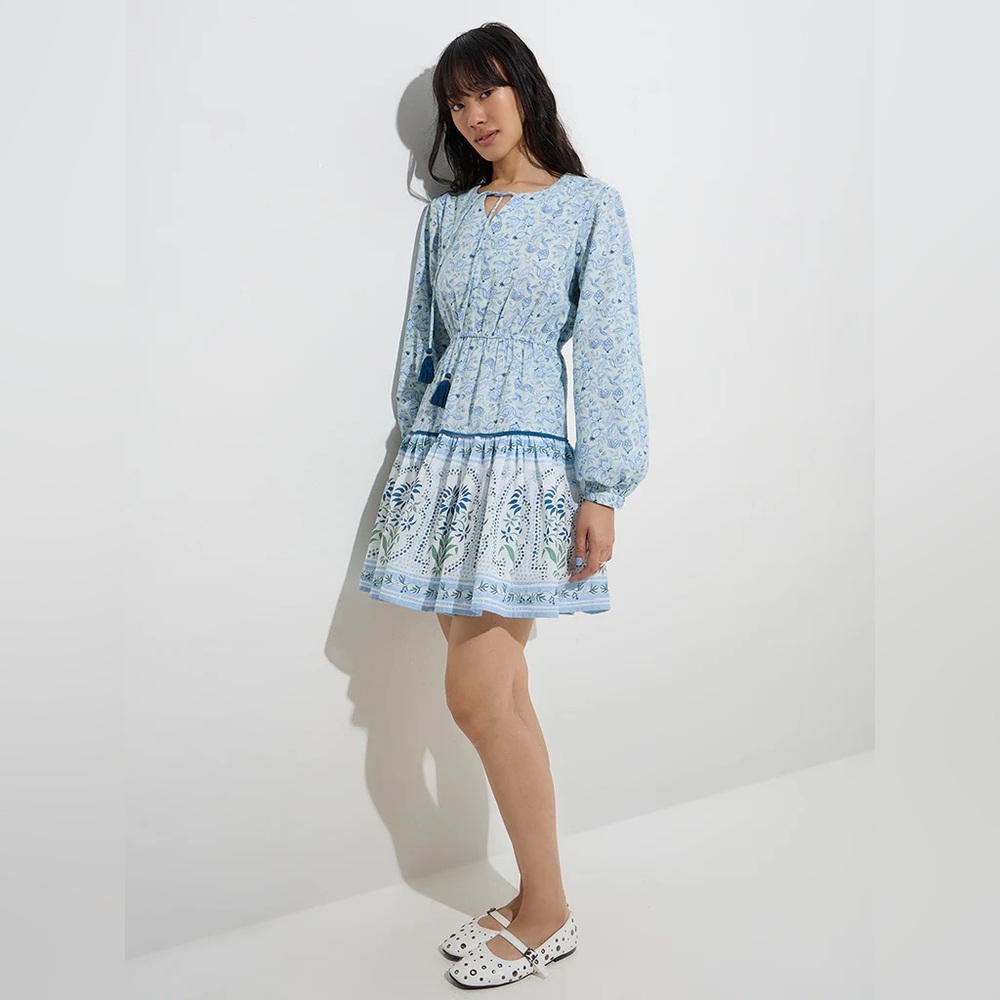 NWT‎ Bombay Paisley | Women’s Light Blue/White Floral Long Sleeve Mini Dress, XS